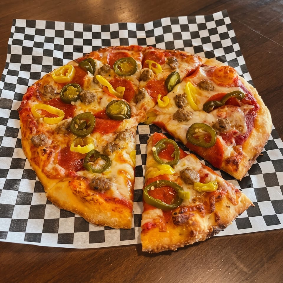 Sliced pepperoni pizza topped with sausage, jalapeños, and banana peppers on checkered paper.