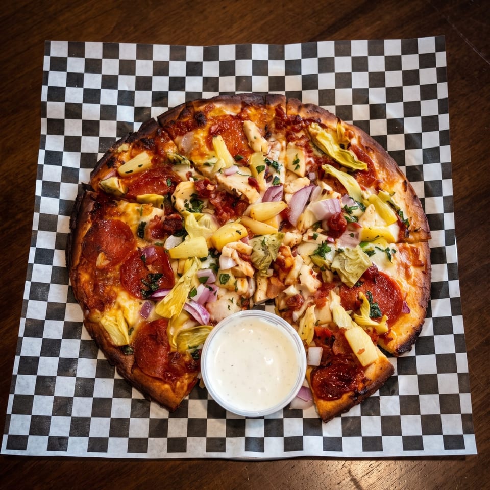 Loaded pizza topped with pepperoni, chicken, artichokes, onions, herbs, and red sauce, served with ranch dressing on checkered paper.