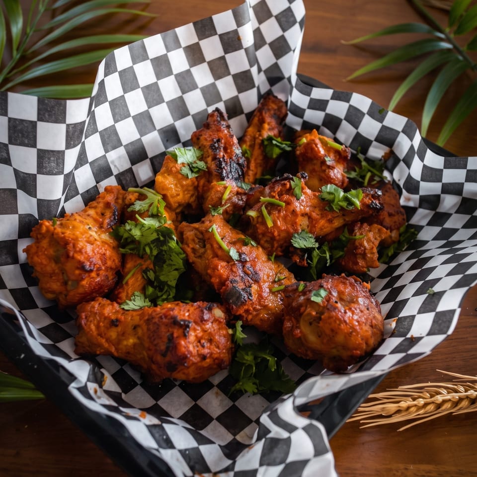 Grilled orange-red chicken pieces garnished with cilantro, served in a black-and-white checkered basket liner.